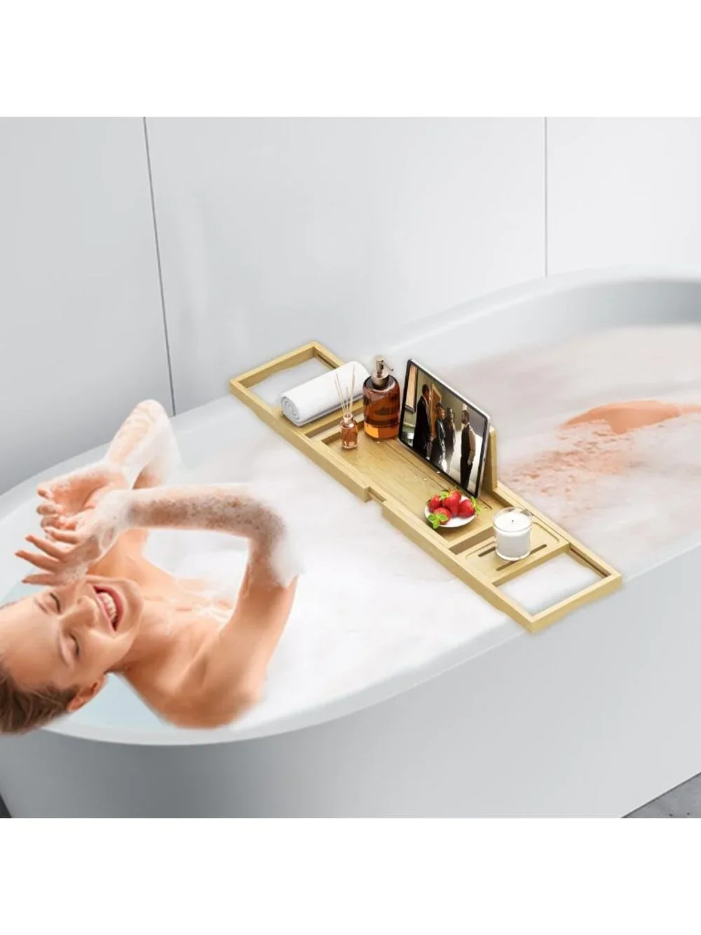 Expandable Bamboo Bathtub Tray - Adjustable Wooden Bath Table for Relaxation